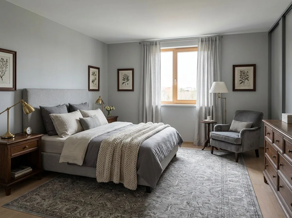 Transitional bedroom with light grey walls, upholstered headboard, wood nightstands, brass lamps, botanical prints, grey patterned rug, photorealistic interior design photography, 8k