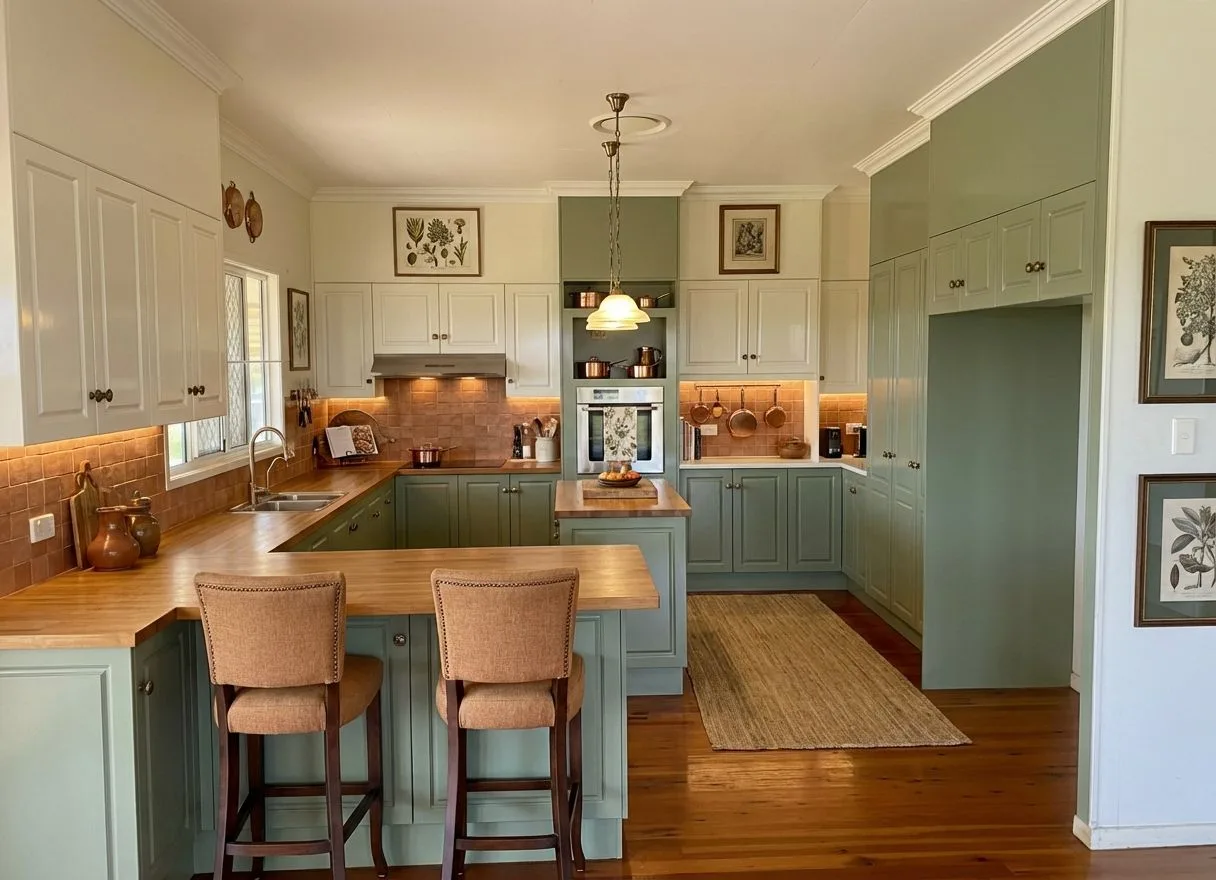 Traditional farmhouse kitchen with sage green cabinets, butcher block counters, terracotta tile backsplash, copper cookware, botanical prints, photorealistic interior design photography, 8k