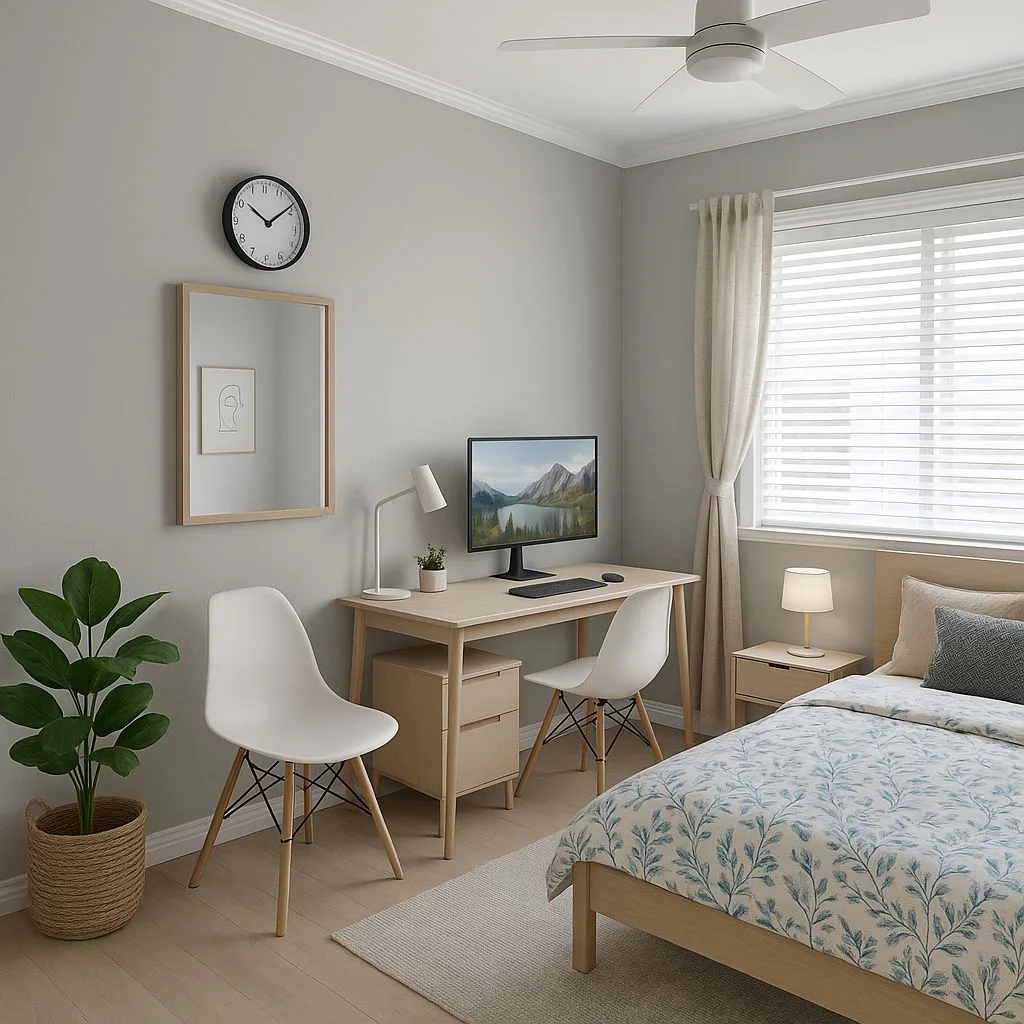Light grey Scandinavian bedroom with small wood desk, Eames chairs, blue floral bedding, sheer curtains, wood floors, photorealistic interior design photography, 8k