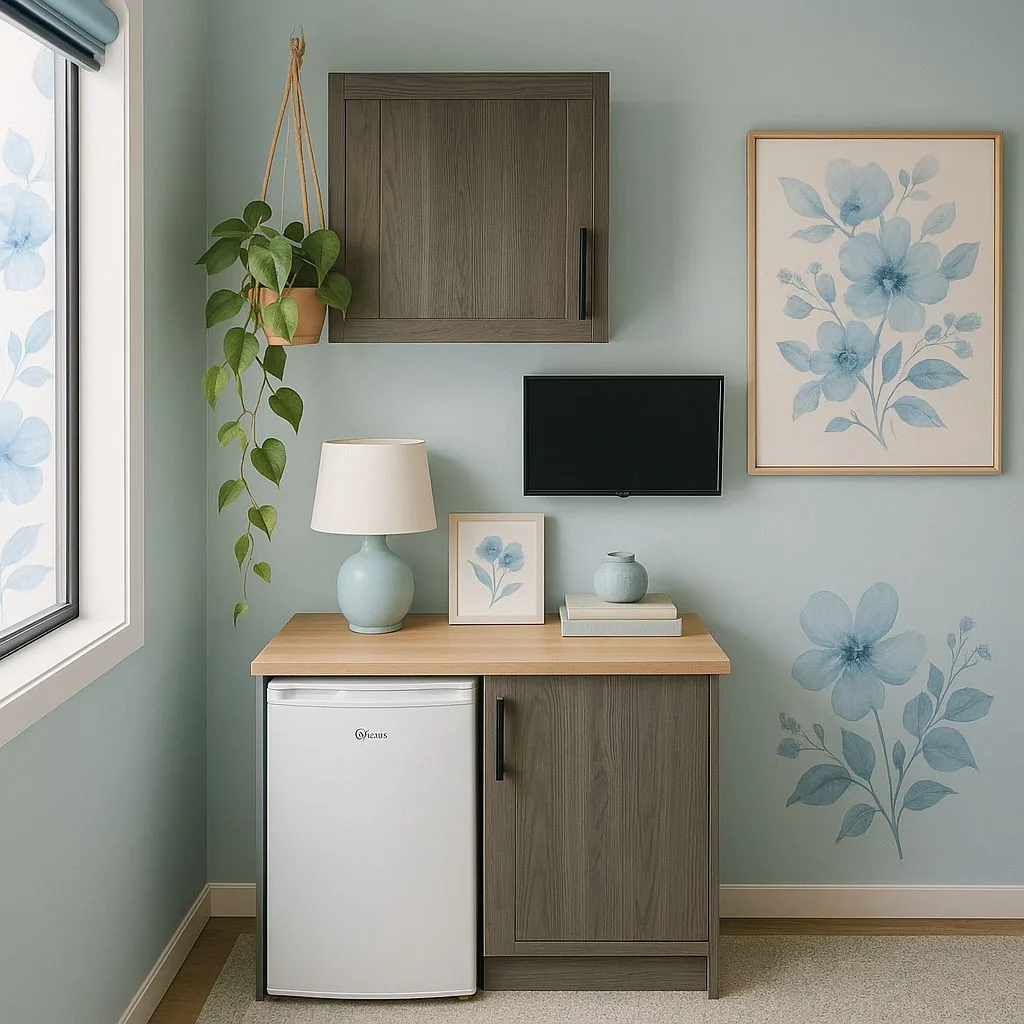 Contemporary light blue room with wood grain cabinets, butcher block countertop, mini fridge, floral art, hanging pothos, photorealistic interior design photography, 8k
