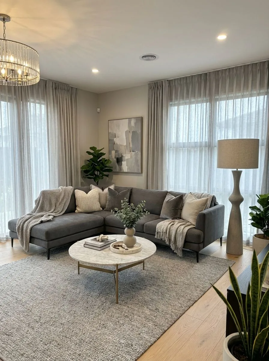 Contemporary living room with grey sectional sofa, marble coffee table, brass legs, light wood floors, sheer curtains, photorealistic interior design photography, 8k