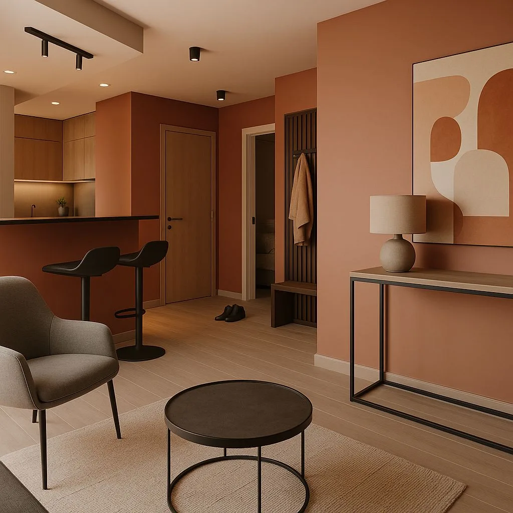 Minimalist apartment interior with terracotta walls, light wood floors, black metal console, abstract canvas, recessed lighting, photorealistic interior design photography, 8k