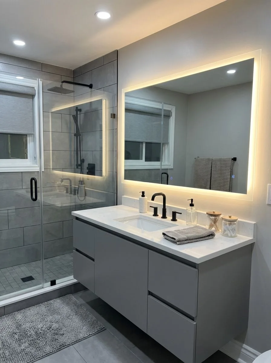 Modern grey bathroom with floating vanity, white quartz countertop, black faucet, illuminated mirror, glass enclosed shower, photorealistic interior design photography, 8k