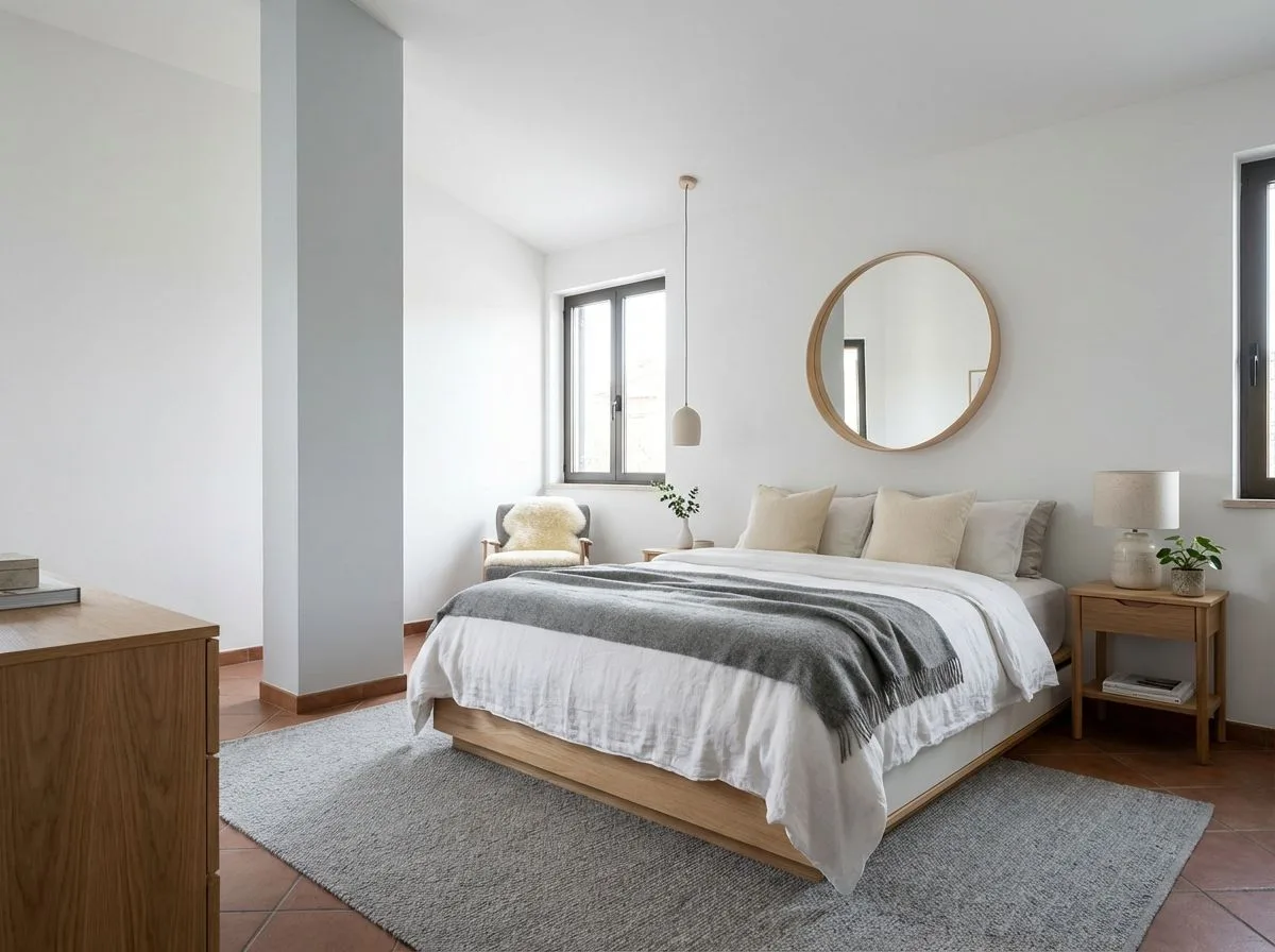 Minimalist bedroom with white walls, light oak platform bed, linen bedding, round wood mirror, soft grey rug, photorealistic interior design photography, 8k
