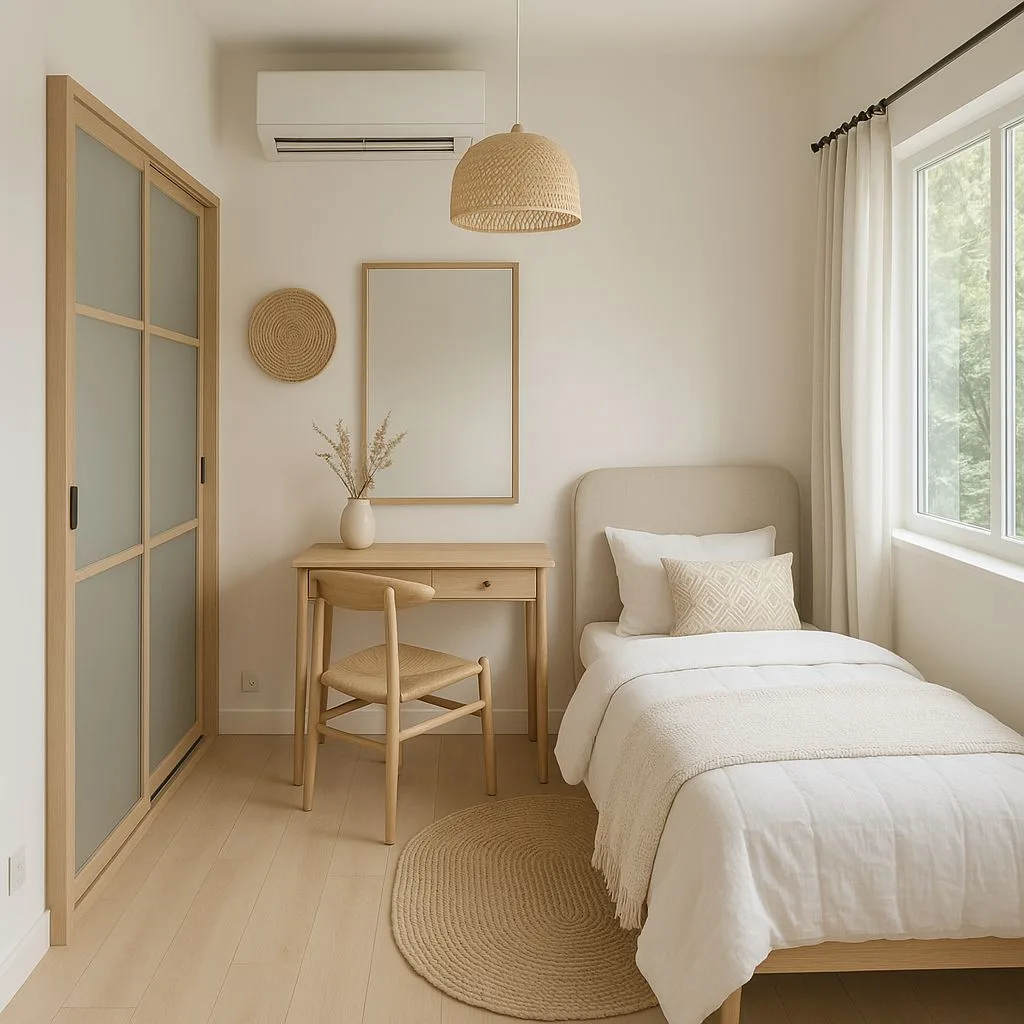 Minimalist Scandinavian bedroom with light wood floors, white walls, woven pendant light, simple wood desk, linen bedding, photorealistic interior design photography, 8k