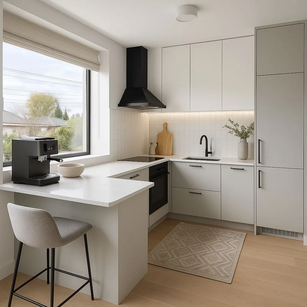 Minimalist kitchen with white quartz countertops, white and light grey cabinets, black hardware, light wood floors, under-cabinet lighting, photorealistic interior design photography, 8k