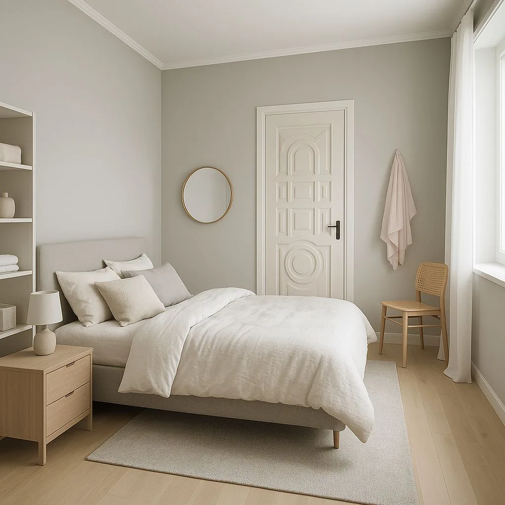 Minimalist Scandinavian bedroom with light grey walls, white linen duvet, light wood nightstand, woven chair, round brass mirror, photorealistic interior design photography, 8k