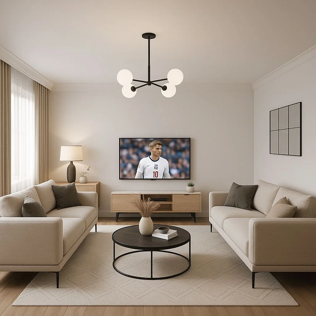 Minimalist living room with beige sofas, light wood floors, round black coffee table, black globe chandelier, neutral rug, photorealistic interior design photography, 8k
