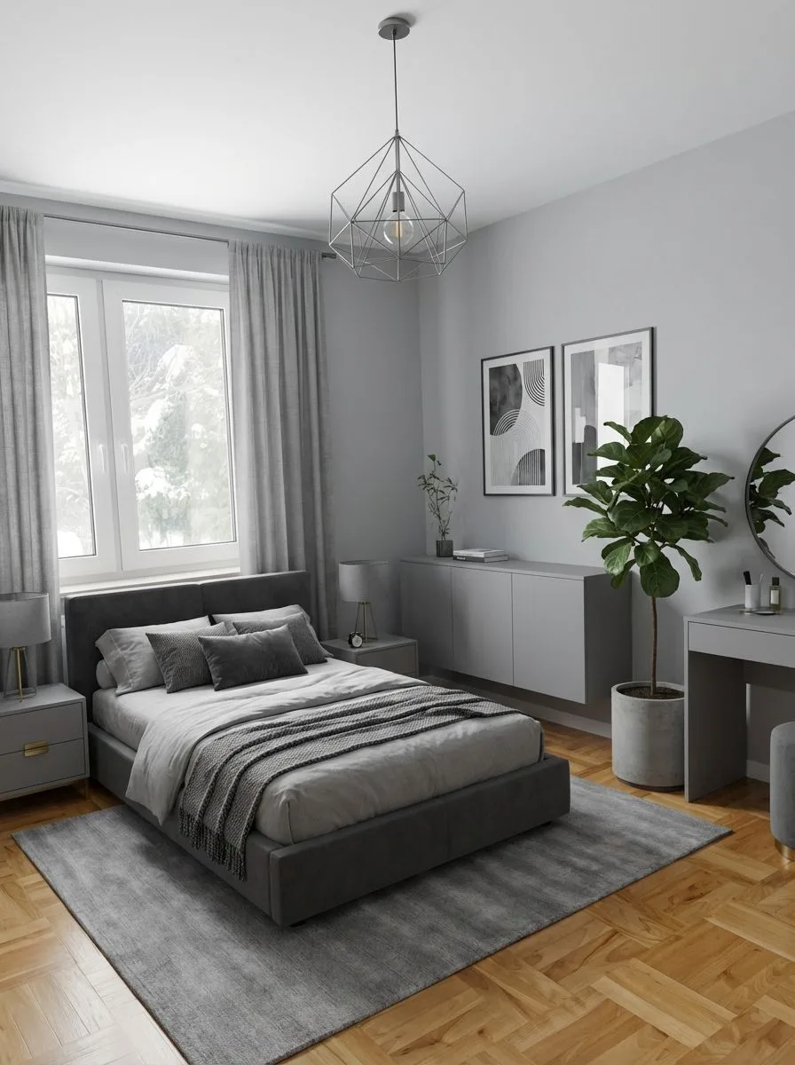 Minimalist modern bedroom with light gray walls, platform bed, geometric pendant, herringbone wood floors, gray rug, photorealistic interior design photography, 8k
