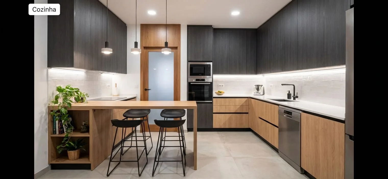 Modern minimalist kitchen with two-tone wood cabinets, white quartz countertops, subway tile backsplash, black hardware, wood breakfast bar, photorealistic interior design photography, 8k