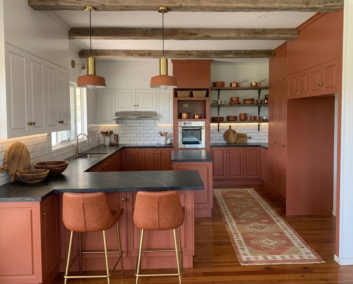 Farmhouse kitchen with terracotta cabinets, black countertops, white subway tile, brass pendants, vintage runner rug, photorealistic interior design photography, 8k