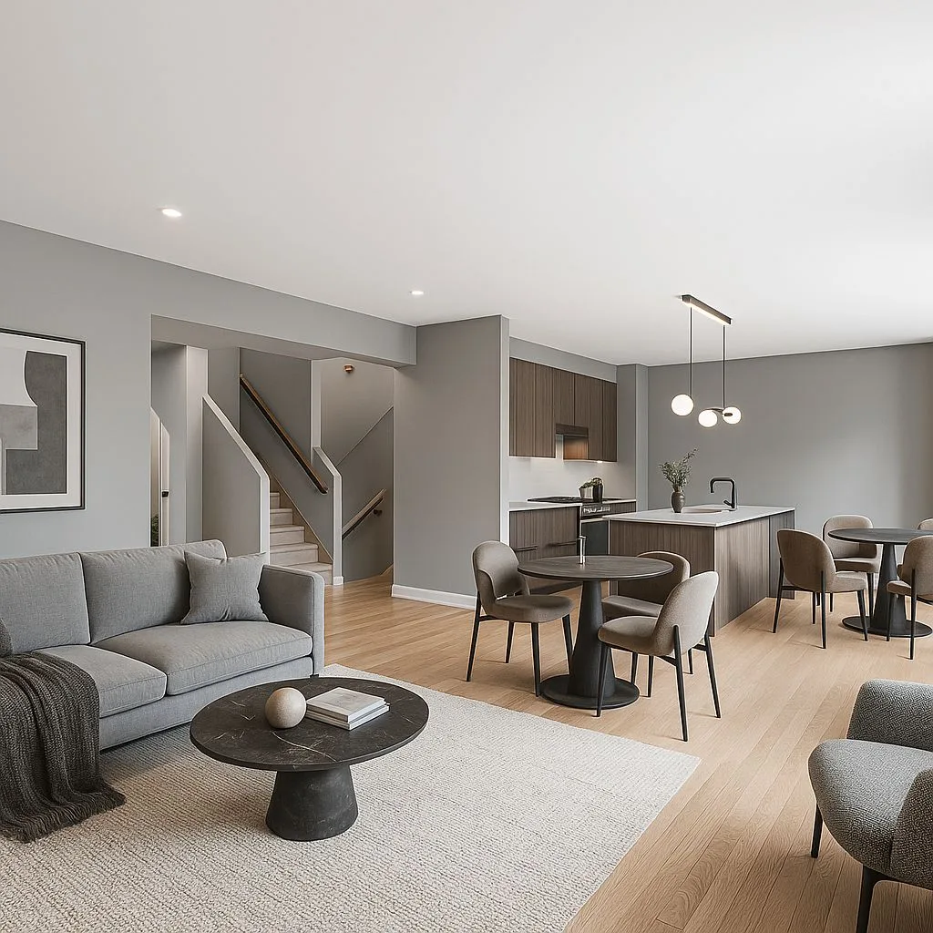 Contemporary open concept living room with grey walls, light wood floors, grey sofa, round marble table, globe pendant lighting, photorealistic interior design photography, 8k