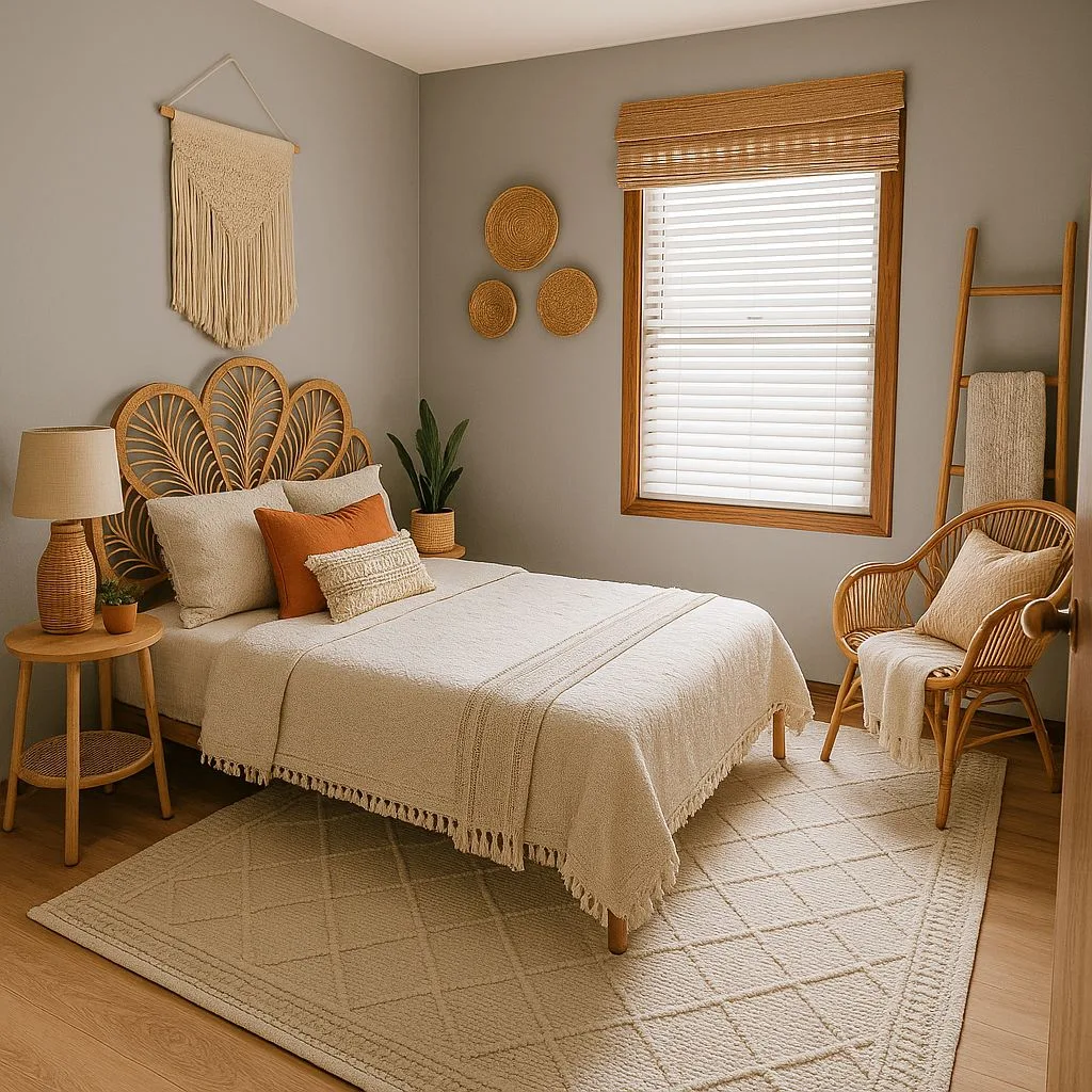 Bohemian bedroom with rattan peacock headboard, woven window shade, cream textured rug, light gray walls, wood ladder, photorealistic interior design photography, 8k