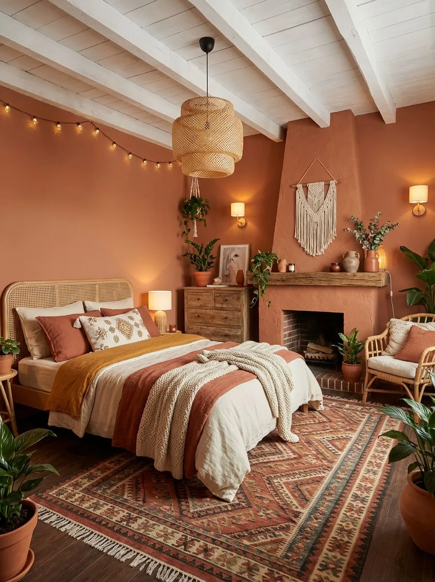 Bohemian bedroom with terracotta walls, rattan bed frame, woven pendant, patterned rug, macrame wall hanging, photorealistic interior design photography, 8k