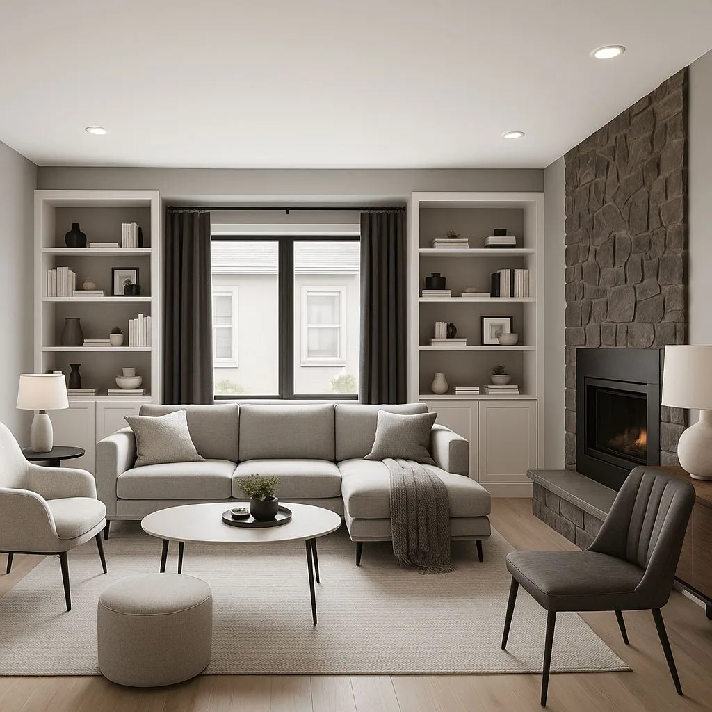 Transitional living room with grey sectional sofa, stone fireplace, built-in bookshelves, light wood floors, neutral rug, photorealistic interior design photography, 8k