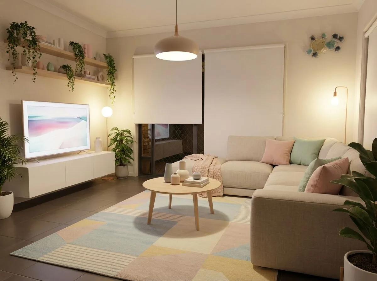 Minimalist living room with beige sectional, pastel geometric rug, light wood coffee table, floating shelves, globe floor lamp, photorealistic interior design photography, 8k