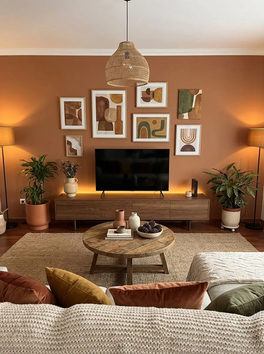 Bohemian living room with terracotta walls, jute rug, reclaimed wood coffee table, mid-century media console, woven pendant, photorealistic interior design photography, 8k