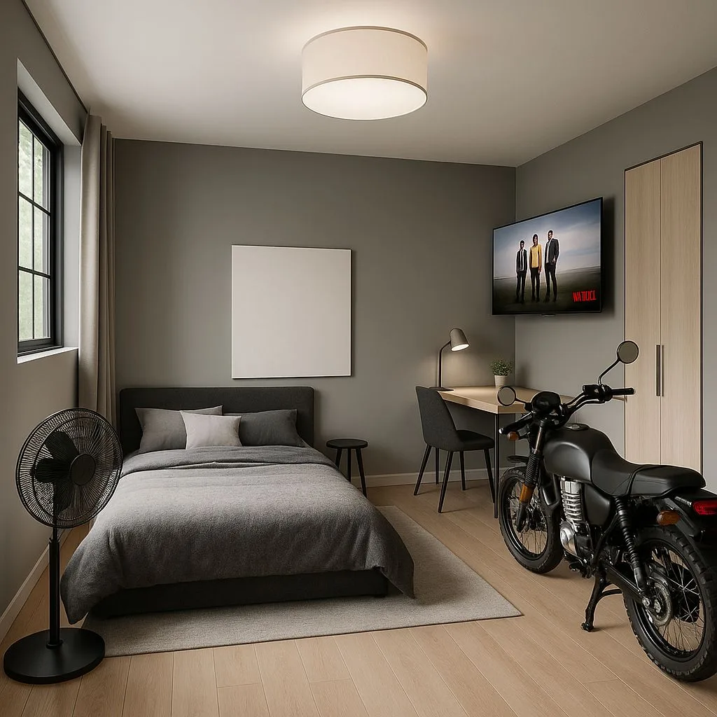 Modern masculine bedroom with grey walls, light wood floors, platform bed, minimalist desk, motorcycle decor, flush mount light, photorealistic interior design photography, 8k