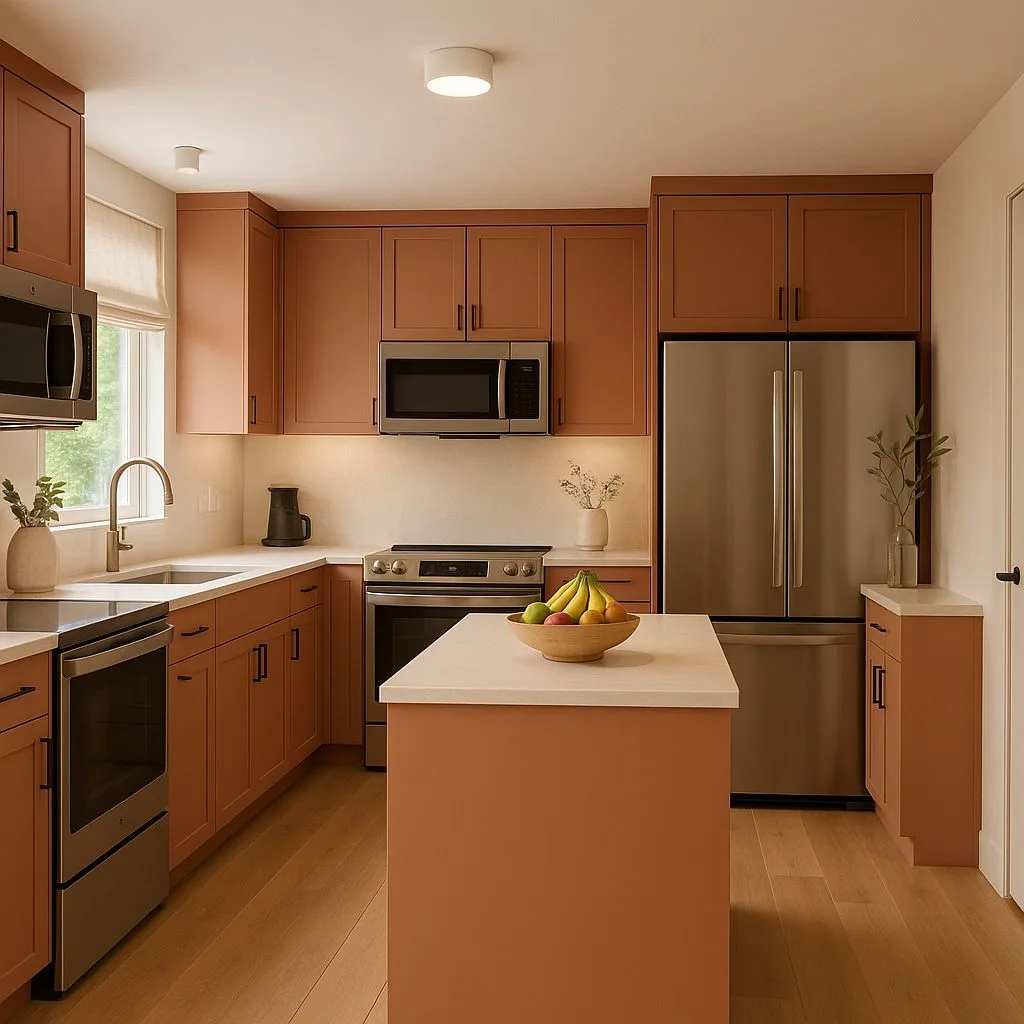Warm modern kitchen with terracotta cabinets, white quartz countertop, stainless steel appliances, light wood flooring, recessed lighting, photorealistic interior design photography, 8k