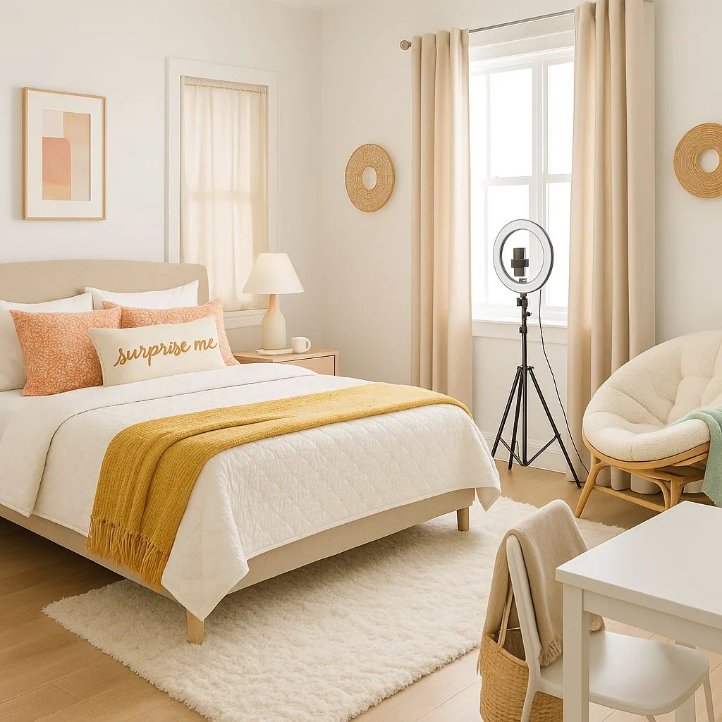Contemporary bedroom with white walls, wood floors, neutral bed, yellow throw, peach pillows, woven decor, beige curtains, photorealistic interior design photography, 8k