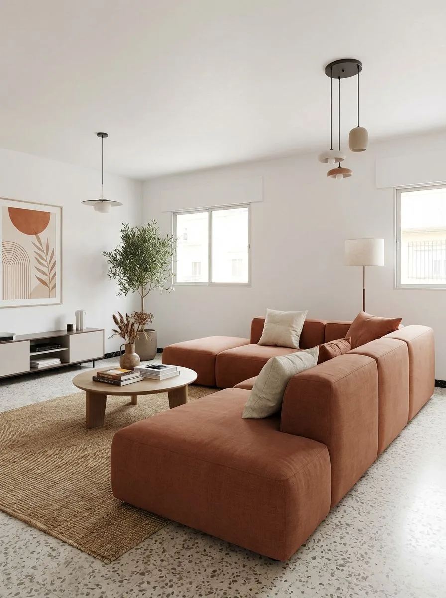 Minimalist living room with terracotta modular sofa, jute rug, round wood coffee table, white walls, terrazzo floors, photorealistic interior design photography, 8k