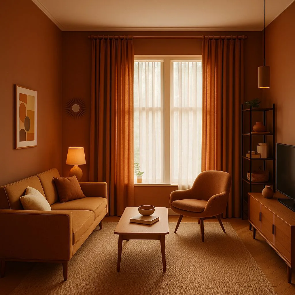 Mid-century modern living room with terracotta walls, fabric sofa, wood coffee table, sheer curtains, black metal shelving, photorealistic interior design photography, 8k