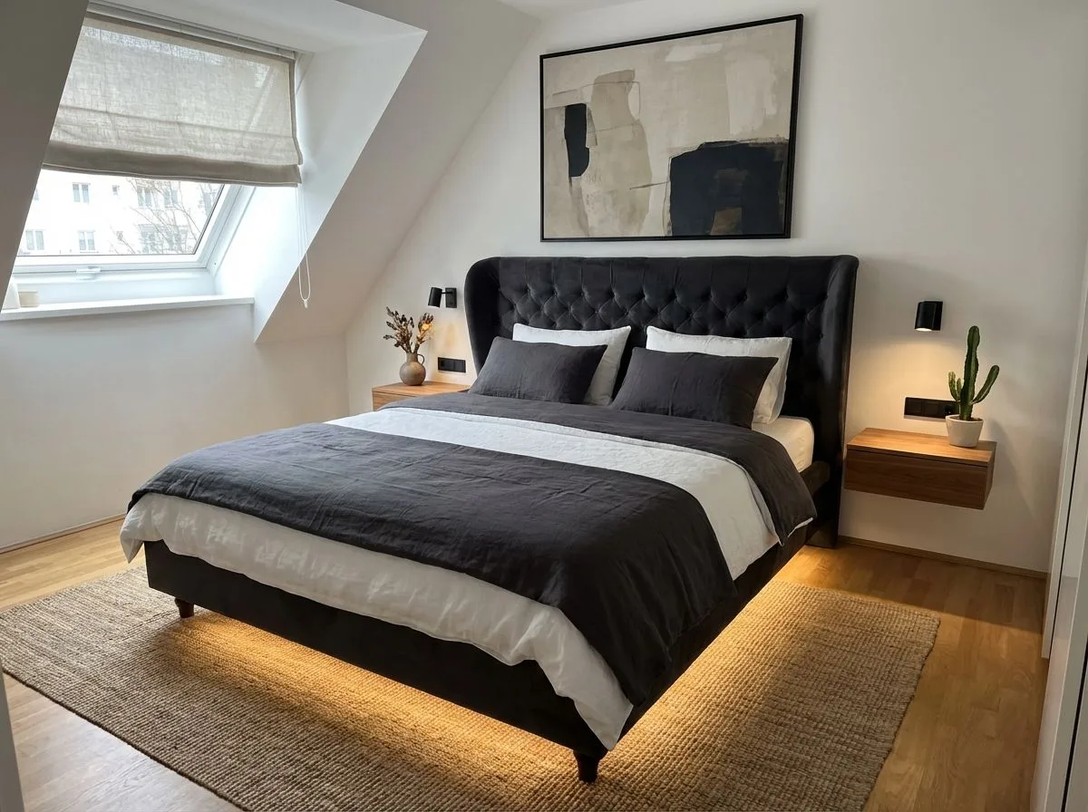 Modern minimalist bedroom with black tufted headboard, floating walnut nightstands, jute rug, black sconces, linen bedding, photorealistic interior design photography, 8k