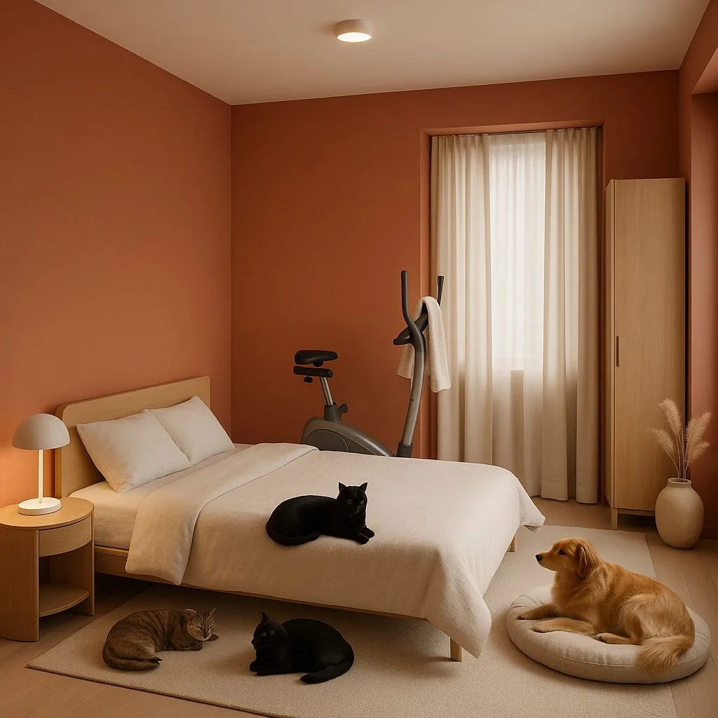 Minimalist terracotta bedroom with light wood bed frame, linen bedding, exercise bike, round bedside table, sheer curtains, photorealistic interior design photography, 8k