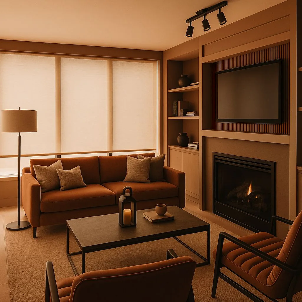 Contemporary living room with burnt orange velvet sofa, dark wood coffee table, built-in shelving, black track lighting, neutral rug, photorealistic interior design photography, 8k
