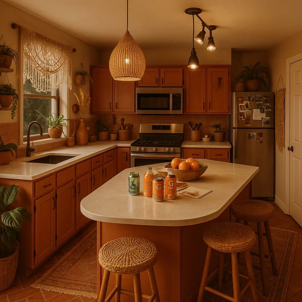 Bohemian kitchen with terracotta shaker cabinets, white quartz countertops, woven rattan pendant, woven counter stools, macrame window treatment, photorealistic interior design photography, 8k