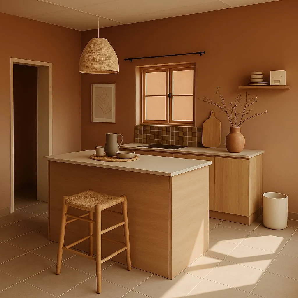 Scandinavian kitchen with terracotta walls, light wood cabinets, woven pendant, neutral tile floor, minimalist art, photorealistic interior design photography, 8k