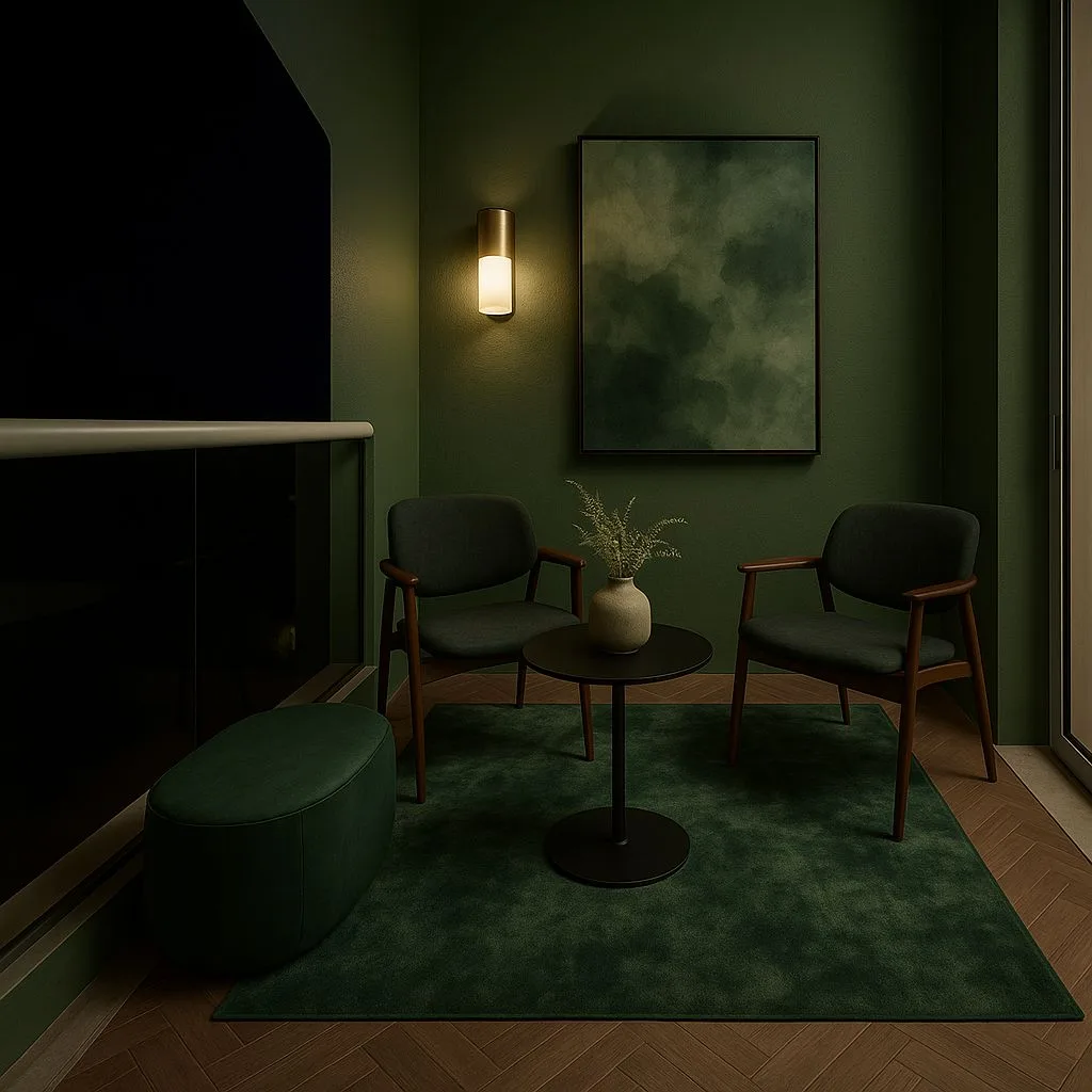 Moody modern sitting room with dark green walls, wood frame chairs, round black table, green rug, brass sconce, photorealistic interior design photography, 8k