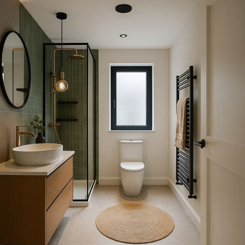 Modern bathroom with green ceramic tile, wood vanity, vessel sink, black framed shower, jute rug, photorealistic interior design photography, 8k