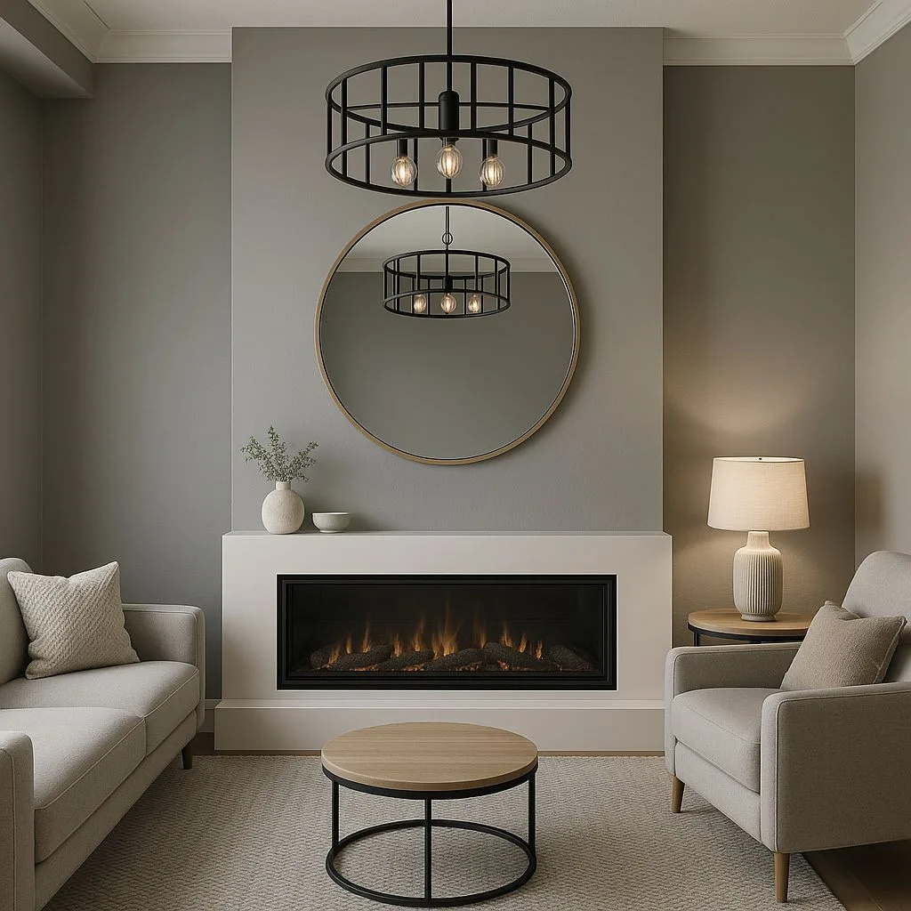 Contemporary warm gray living room with linear fireplace, round wood coffee table, linen sofas, black metal pendant light, round mirror, photorealistic interior design photography, 8k
