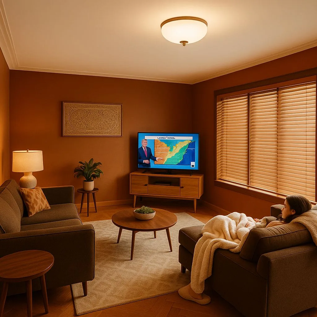 Mid-century modern living room with terracotta walls, brown sofa, wood media console, round coffee table, herringbone floors, photorealistic interior design photography, 8k