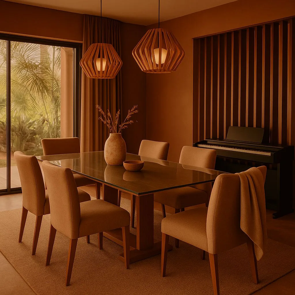 Contemporary dining room with terracotta walls, glass top table, upholstered chairs, wood slat wall, geometric wood pendants, photorealistic interior design photography, 8k