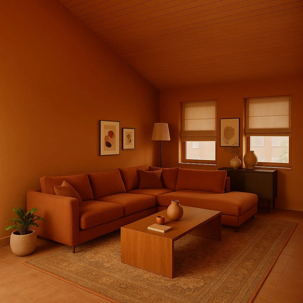 Modern terracotta living room with matching walls, ceiling, tile floor, large sectional sofa, wood coffee table, patterned rug, photorealistic interior design photography, 8k