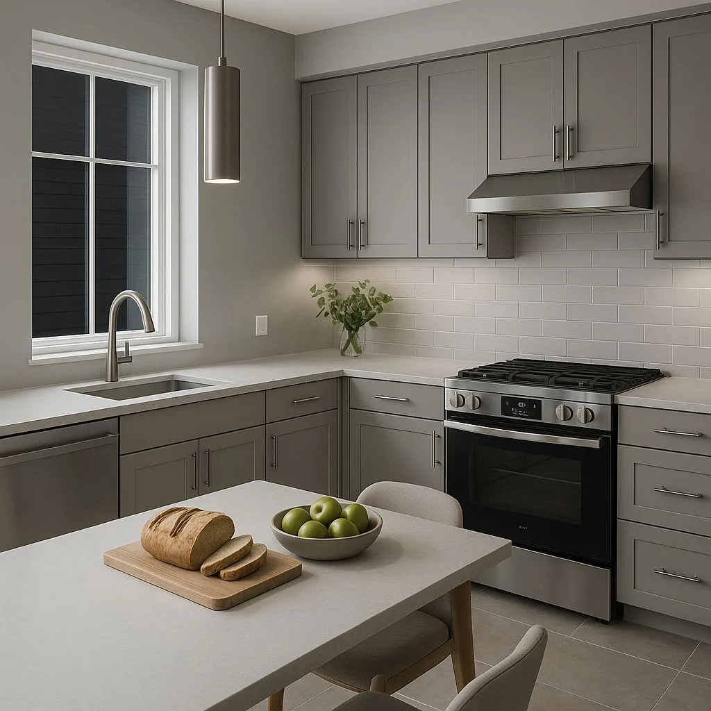 Modern gray kitchen with shaker cabinets, stainless steel appliances, white subway tile, light countertops, cylinder pendant, photorealistic interior design photography, 8k