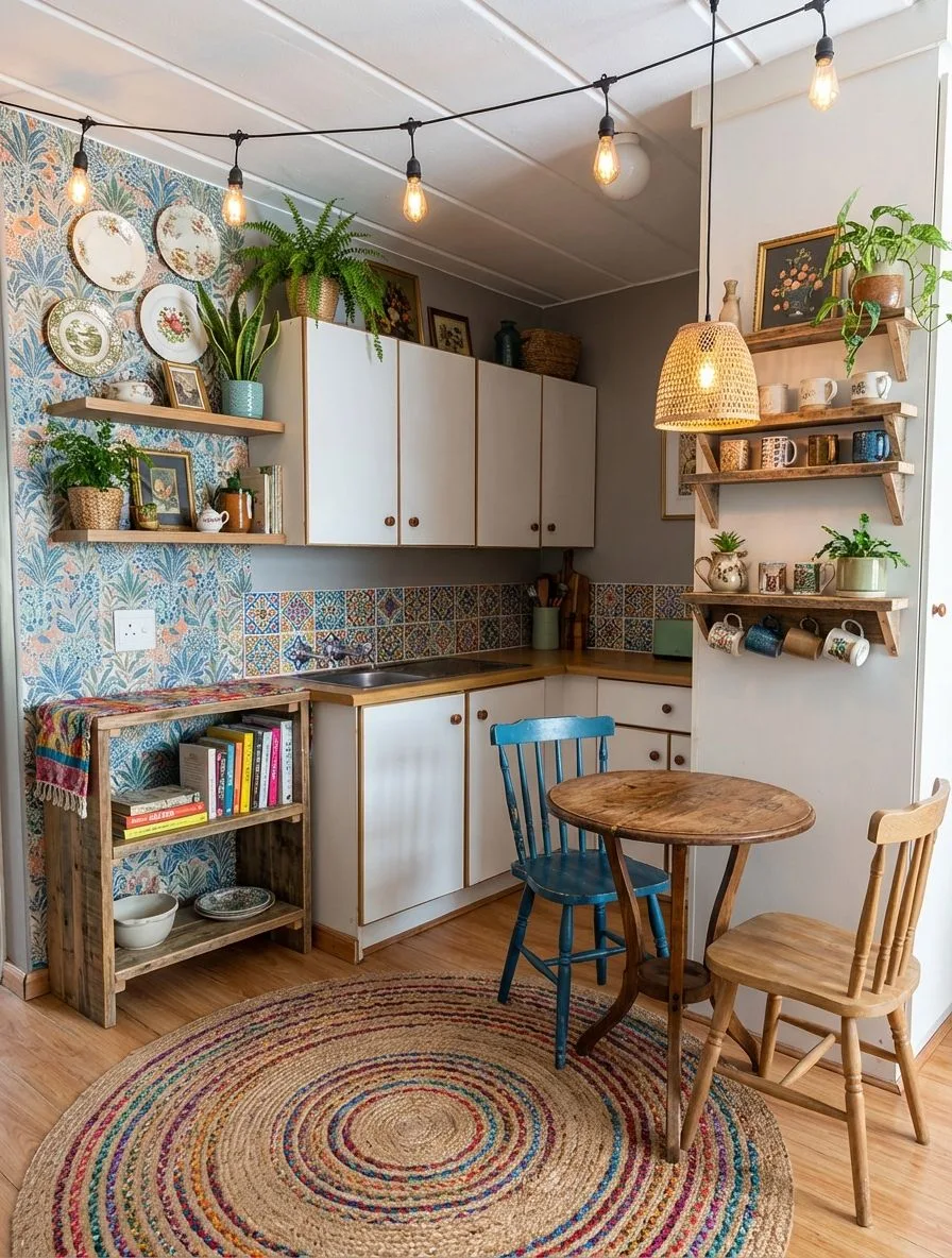 Eclectic bohemian kitchen with patterned wallpaper, white cabinets, open wood shelves, jute rug, string lights, woven pendant, photorealistic interior design photography, 8k