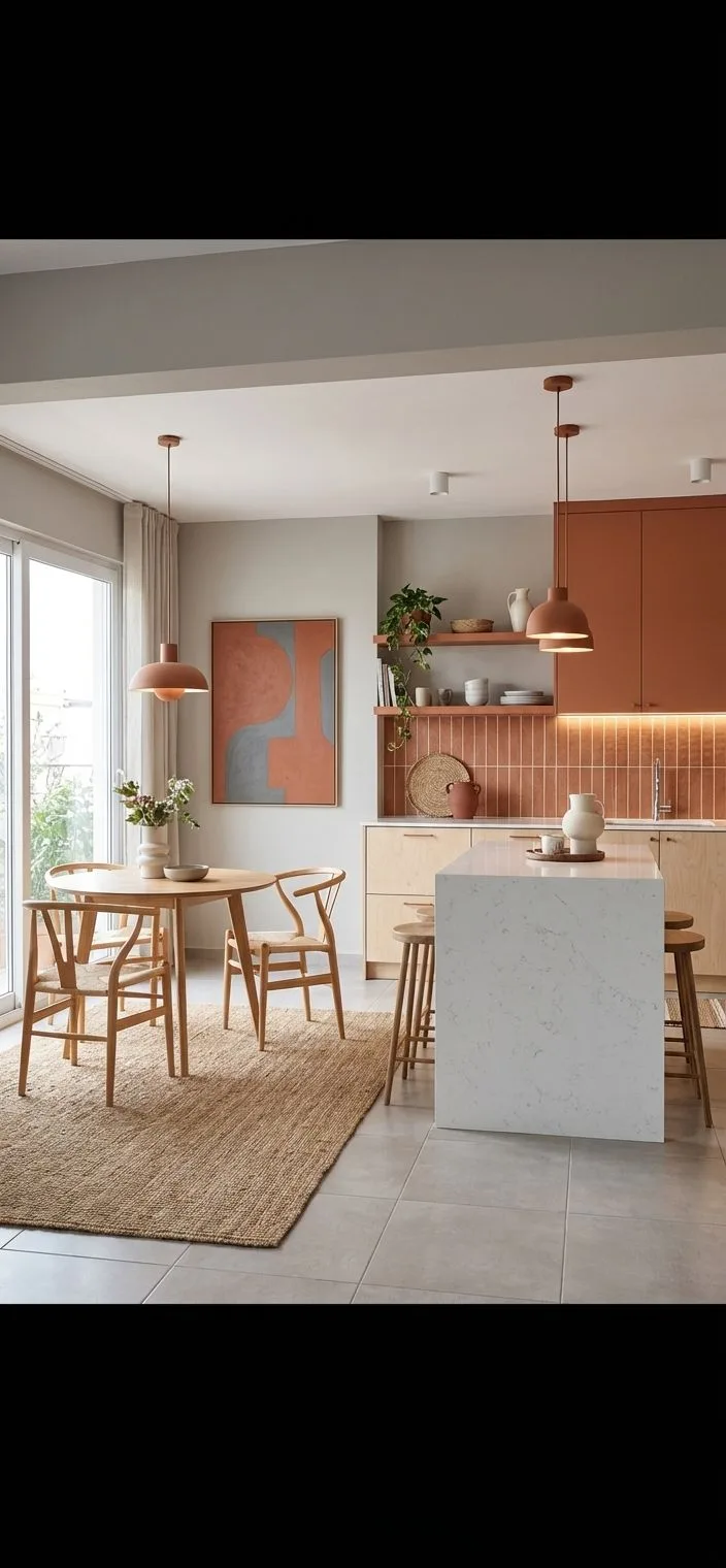 Modern terracotta kitchen with light wood cabinets, white quartz countertop, terracotta tile backsplash, jute rug, pendant lights, photorealistic interior design photography, 8k