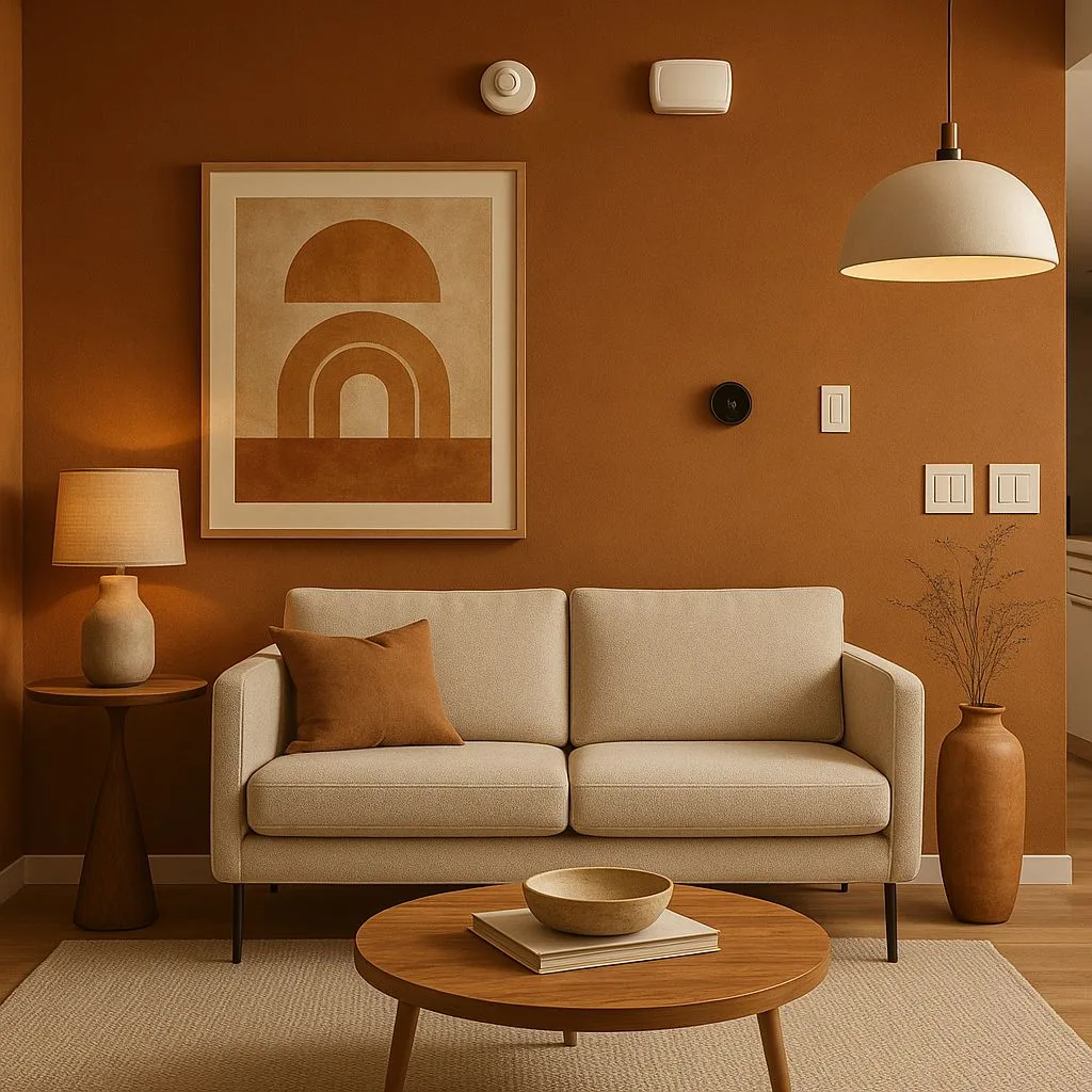 Minimalist living room with terracotta walls, beige linen sofa, round wood coffee table, geometric artwork, pendant light, photorealistic interior design photography, 8k
