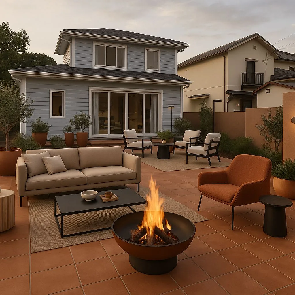 Contemporary outdoor patio with terracotta tile, beige linen sofa, black metal fire pit, white armchairs, olive trees, photorealistic interior design photography, 8k
