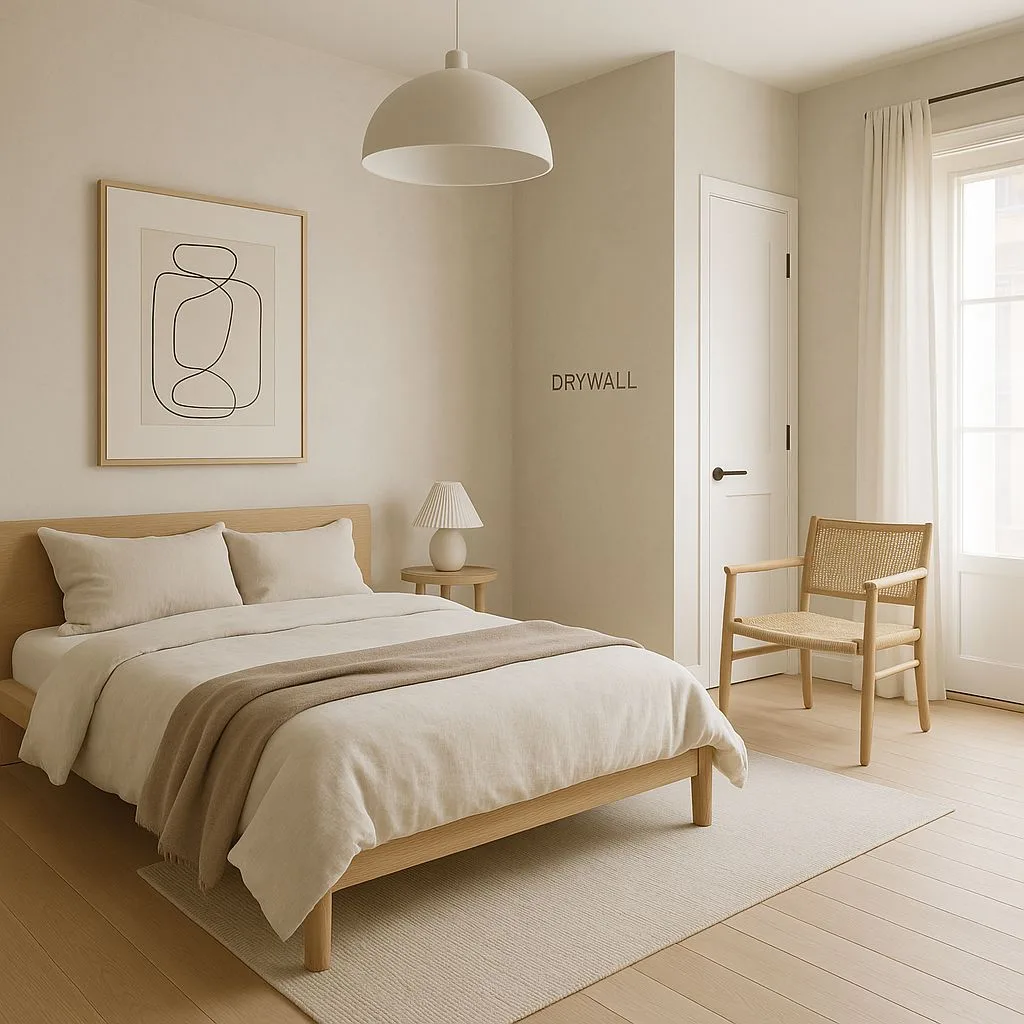 Minimalist Scandinavian bedroom with light wood bed frame, linen duvet, woven chair, off-white walls, dome pendant, photorealistic interior design photography, 8k
