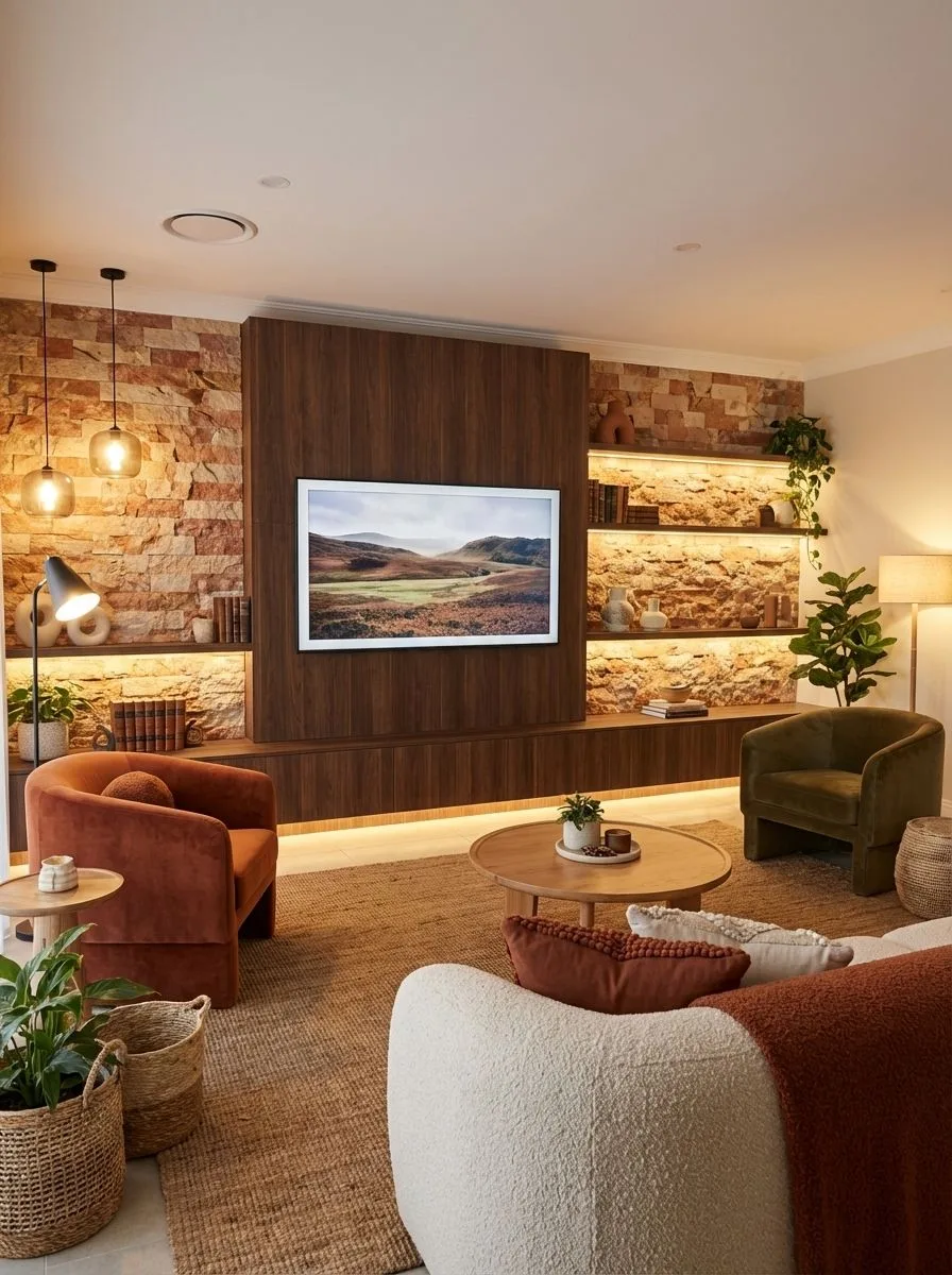 Transitional living room with exposed brick wall, walnut media center, jute rug, rust velvet armchairs, glass pendant lights, photorealistic interior design photography, 8k