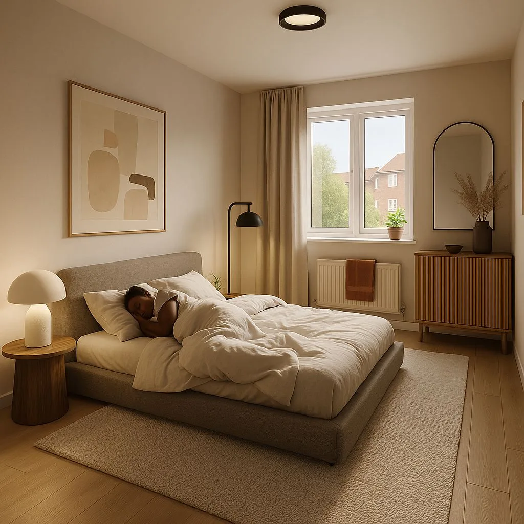 Minimalist Scandinavian bedroom with grey platform bed, white linen sheets, light wood nightstand, beige rug, recessed lighting, photorealistic interior design photography, 8k