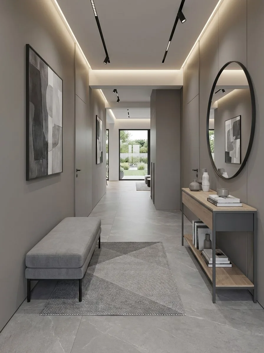 Modern minimalist entryway with gray walls, porcelain tile, gray upholstered bench, wood console table, black track lights, photorealistic interior design photography, 8k