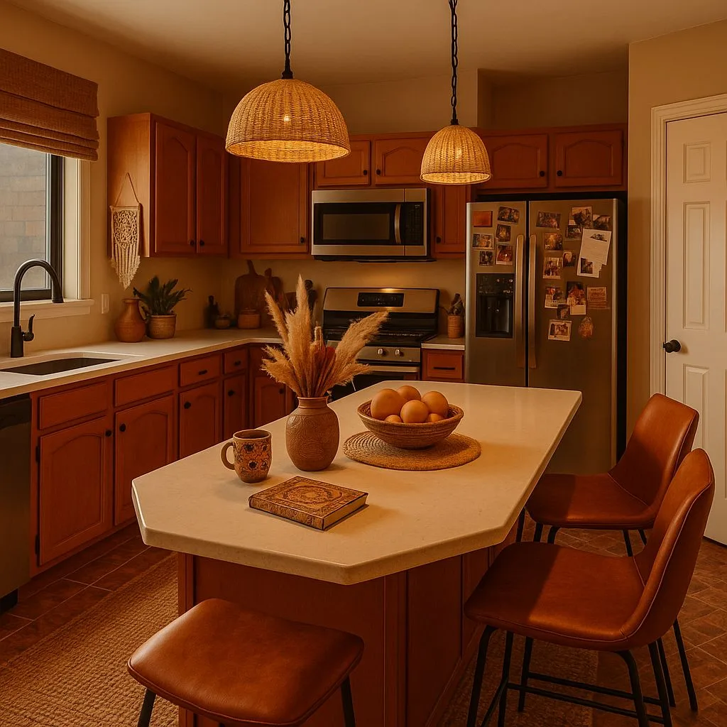 Bohemian kitchen with brown wood cabinets, white countertops, woven pendant lights, leather bar stools, stainless steel appliances, photorealistic interior design photography, 8k