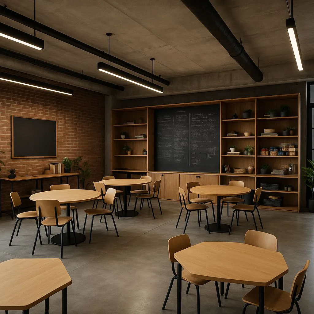 Industrial style cafe with exposed brick wall, concrete floors, light wood tables, black metal chairs, linear pendant lighting, photorealistic interior design photography, 8k