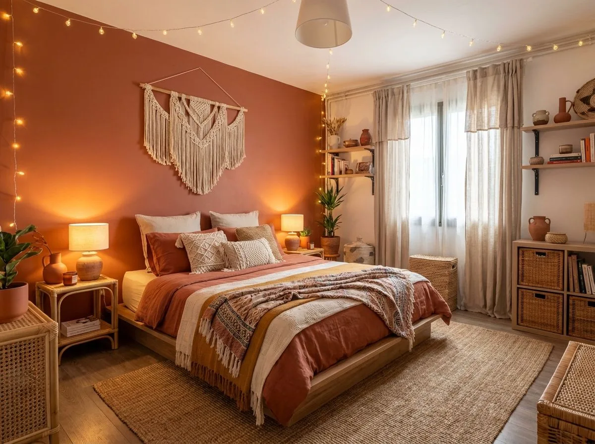 Bohemian bedroom with terracotta walls, jute rug, linen bedding, rattan nightstands, macrame wall hanging, photorealistic interior design photography, 8k