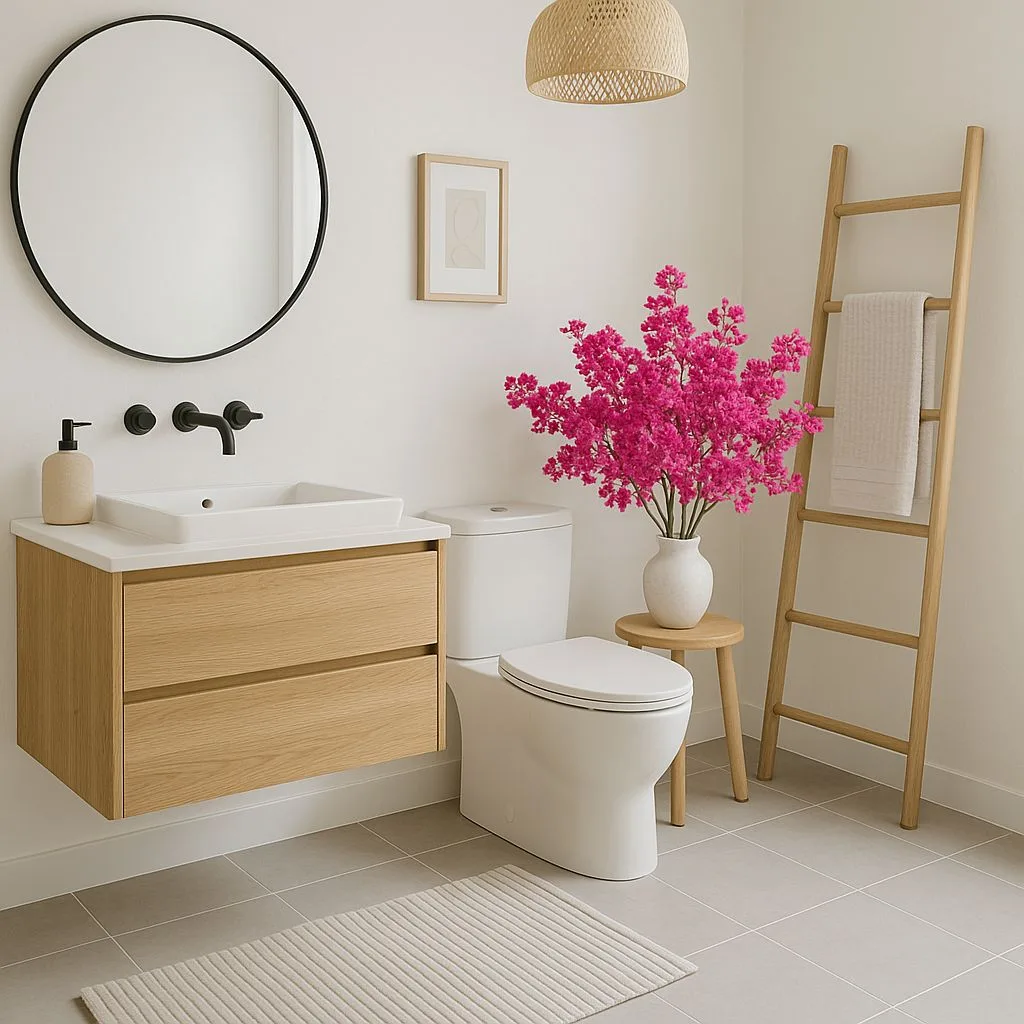 Modern minimalist bathroom with light wood vanity, round black mirror, gray square tile, woven pendant, wood towel ladder, photorealistic interior design photography, 8k
